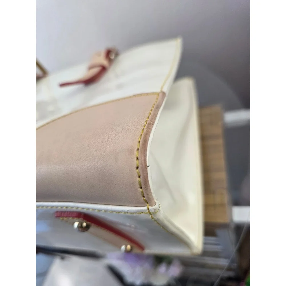 Dooney & Bourke White Patent Leather Satchel Tan Trim Contrast Stitch Handbag